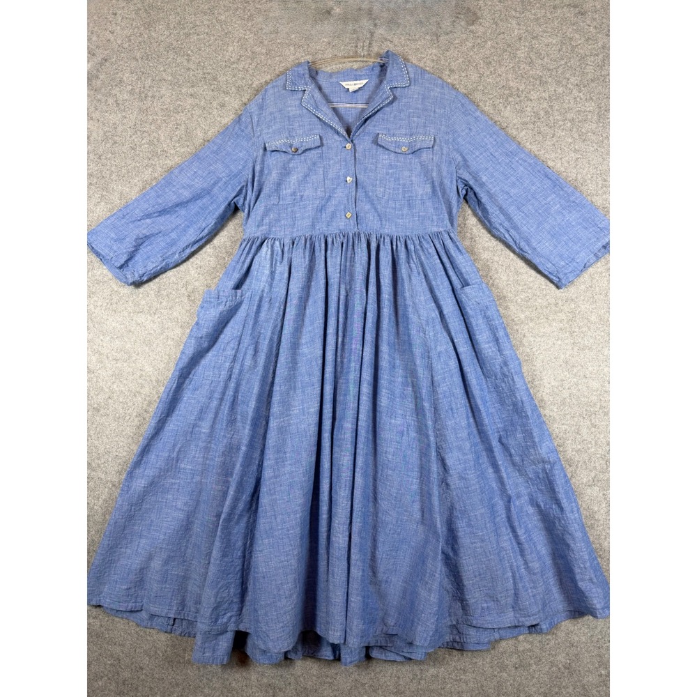 April Cornell Shirt Dress Womens XL Blue Excellent Cotton Tie Waist Midi Pocket
